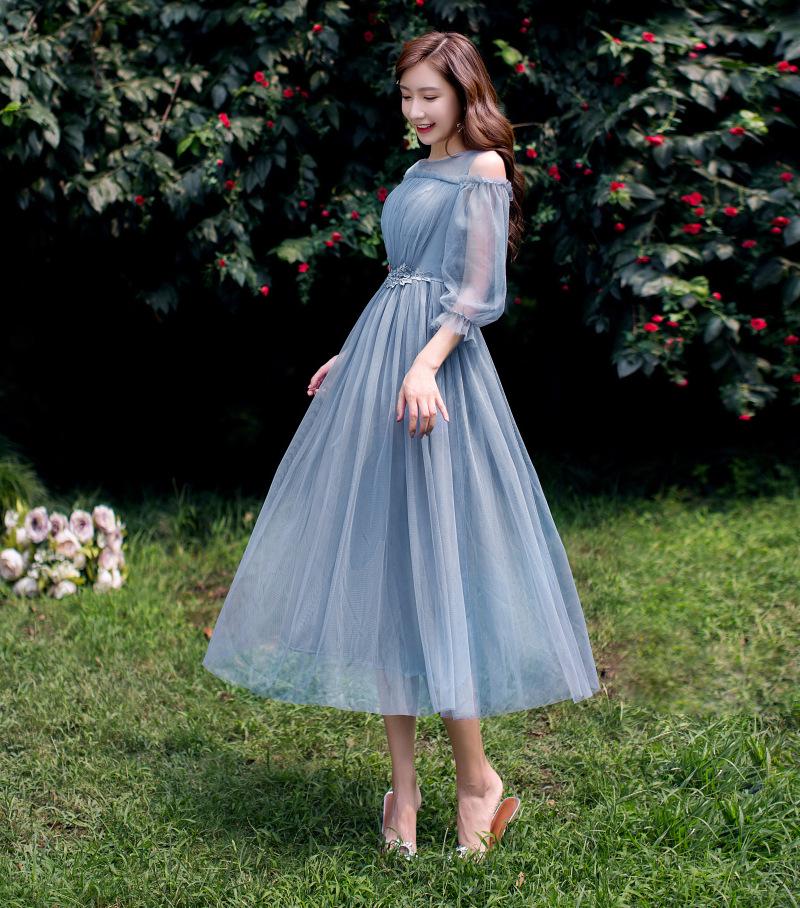 2025 New Off-the-Shoulder Bridesmaid Dress: Mid-Length, Slimming, with Fairy Charm for Special Occasions.