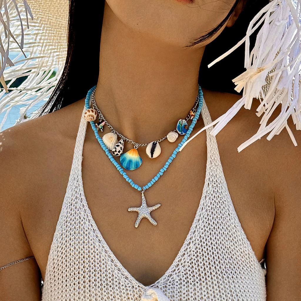 Bohemian Conch Shell Necklace Rice Bead Set, Beach Wind Devil's Eye Necklace Set