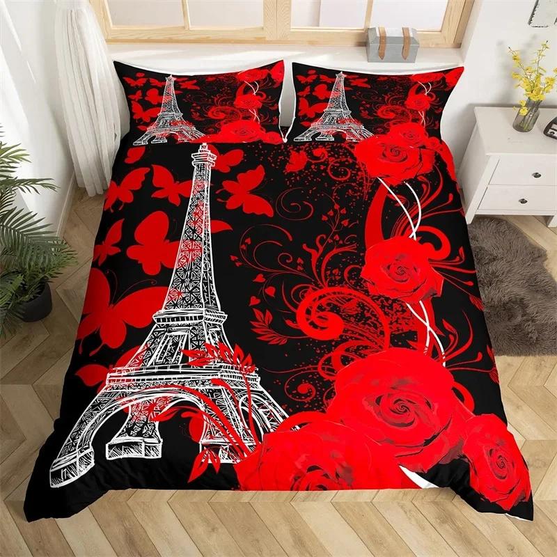 Eiffel Tower Duvet Cover Set Twin King Size Paris Tower Comforter Cover Microfiber Flower Butterfly Bedding Set For Girls Teens