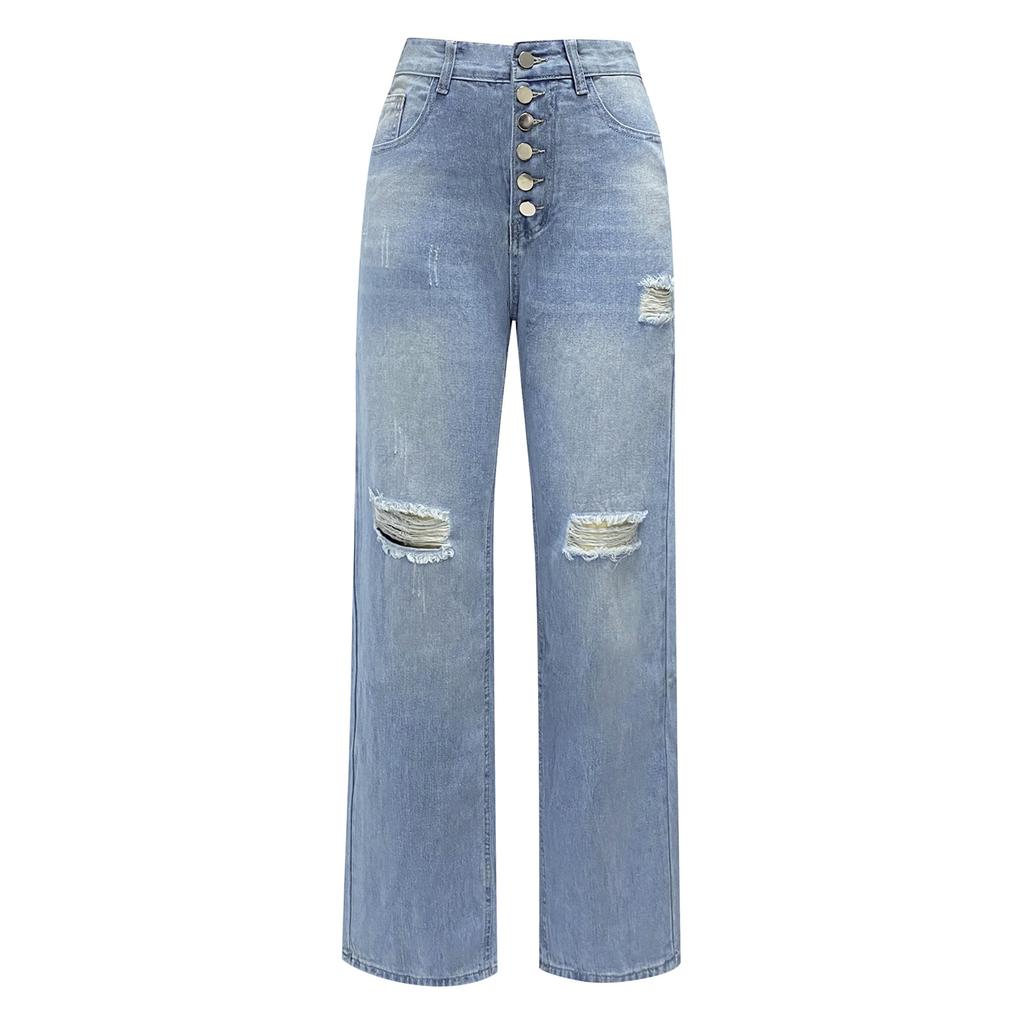 Women's Blue Ripped Jeans Women's Loose Straight Casual Pants