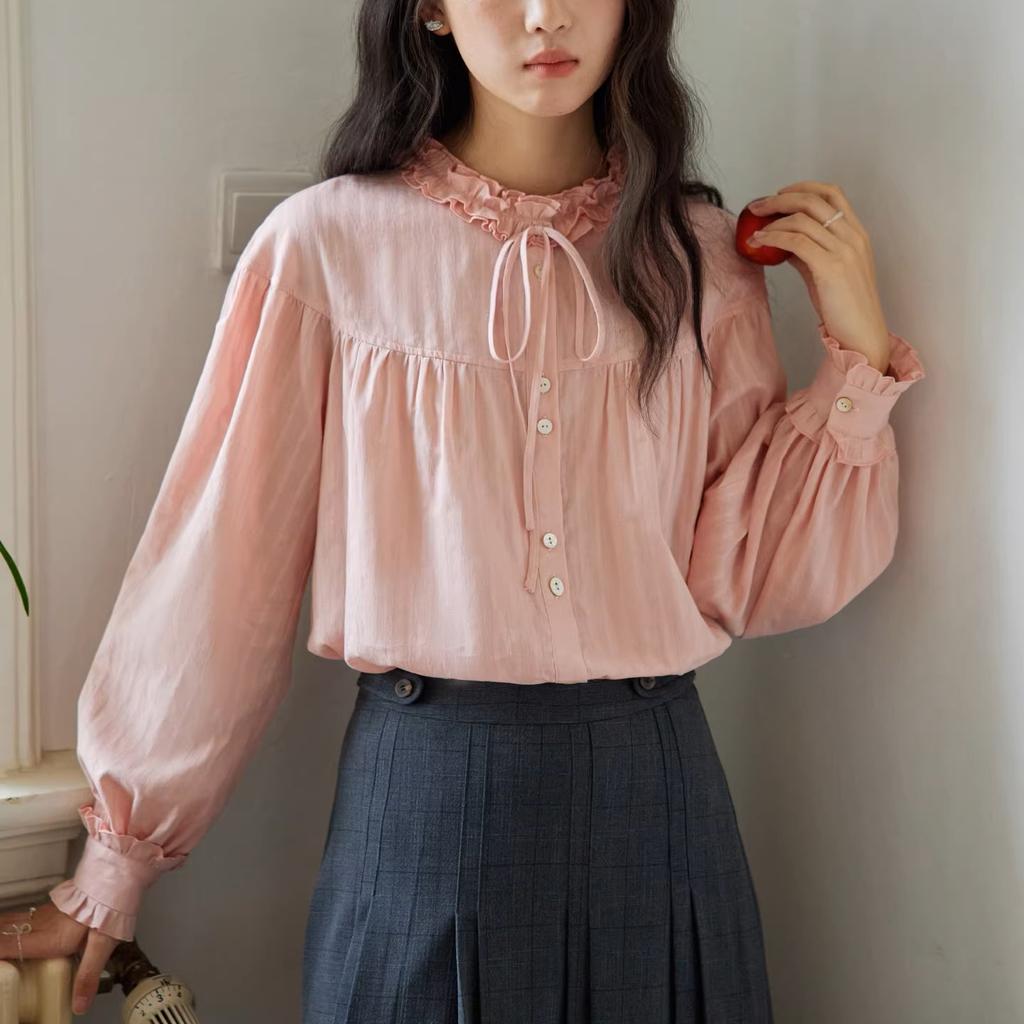 French fungus edge stand-up collar curved split long-sleeved green shirt women's lace-up top spring