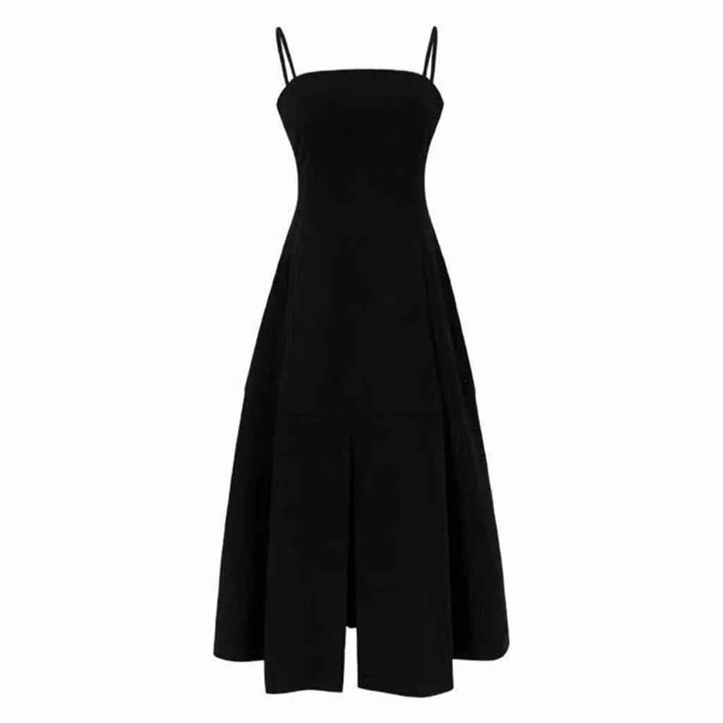 Black retro Hepburn style split suspender dress women's high sense French design sense niche high waist small black dress