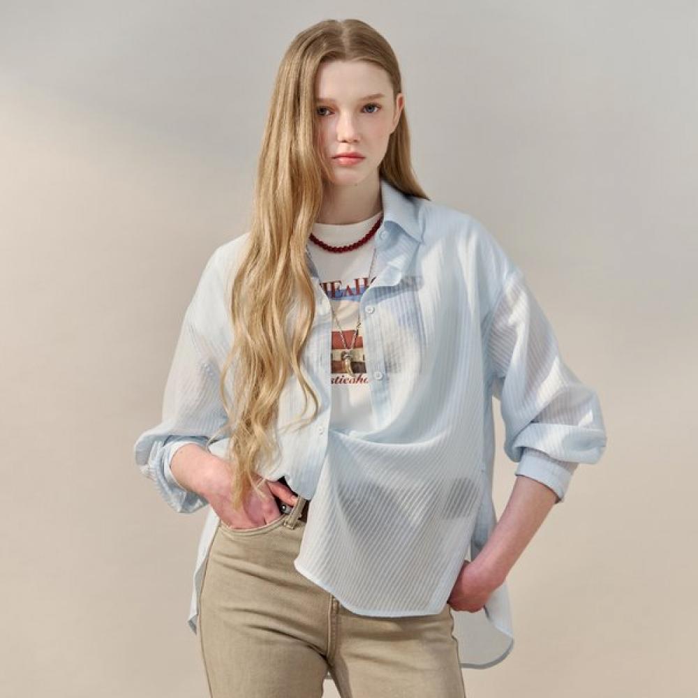 Maxza Sheer Stripe Side Button Loose Fit Shirt Zf04qb009nh