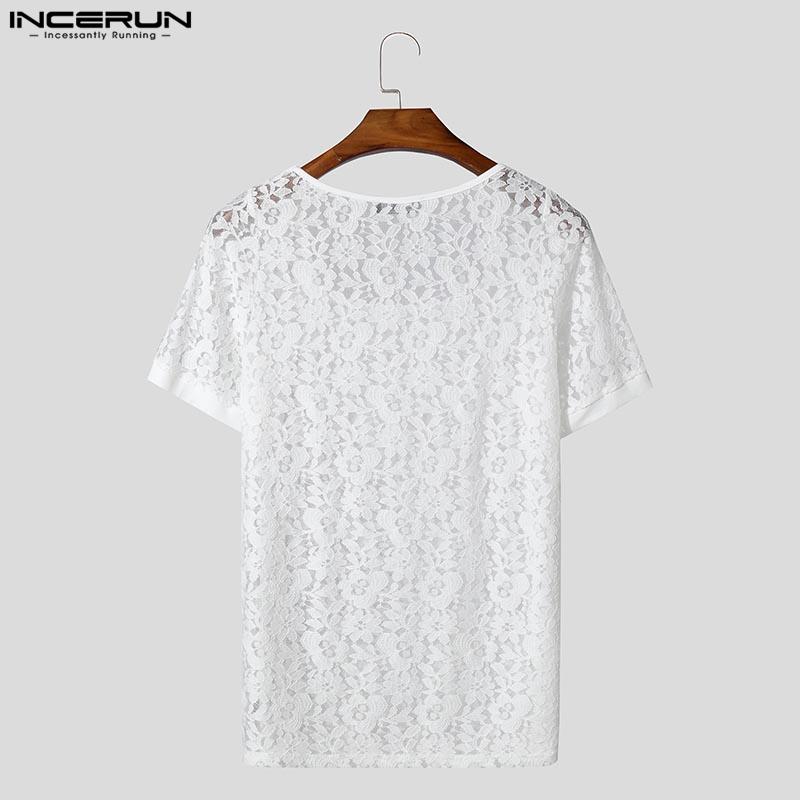 INCERUN Letní pánské tričko s krátkým rukávem a čtvercovým výstřihem, krajkové, květinové, na párty, do klubu, vypasované