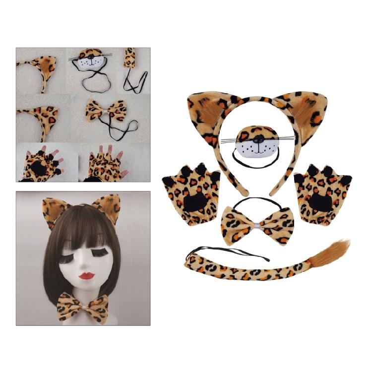 Kinder Tierkostüm Leopard Ohren Stirnbänder Fliege, Schwanz, Schnauze Handschuh 1/3/4/5 Stück
