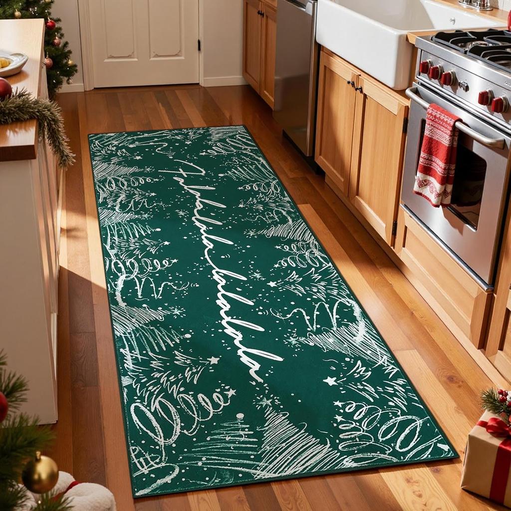 Christmas Runner Rug for Entryway Washable Christmas Tree Kitchen Rug Green Xmas Hallway Non-Slip Soft Rugs Home Decor