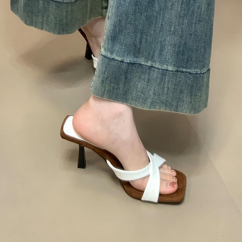 Retro one-word stiletto high heels design sense fashion open-toed cool slippers outside French style