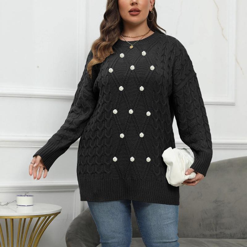 Women's Pullover Top Round Neck Woven Beaded Sweater New Fall Winter Bottoming Shirt