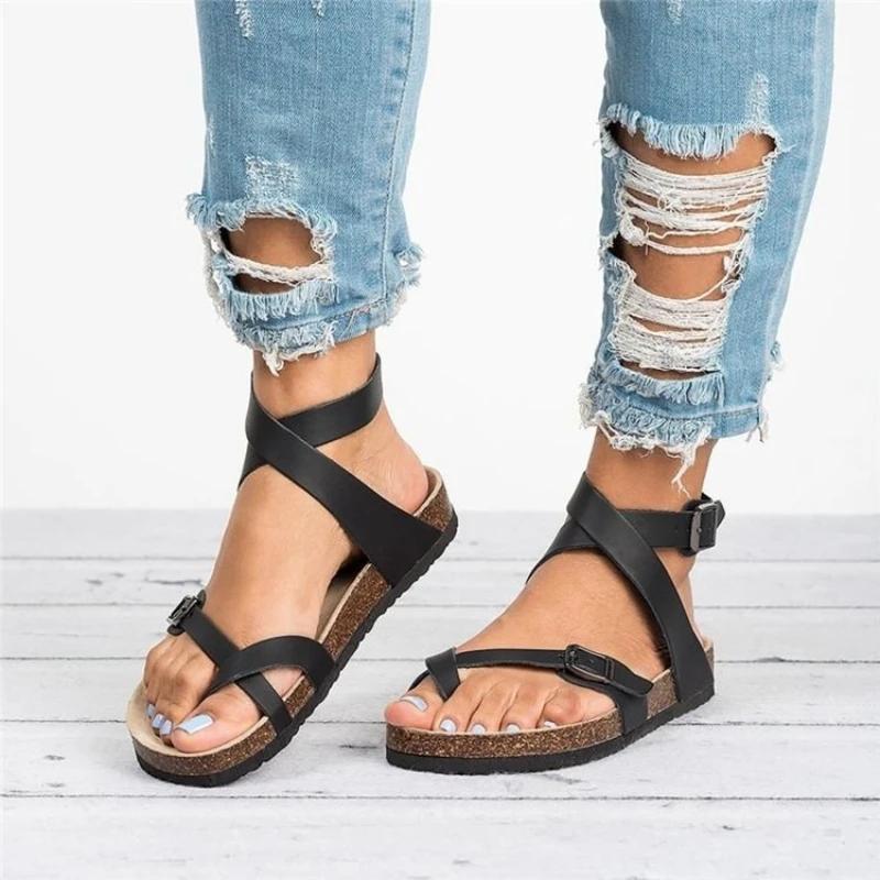 Women Belt Buckle Sandals Summer Roman Comfortable Round Toe Flip Flops Large Size Comfortable Open Toe Shoes Femmes