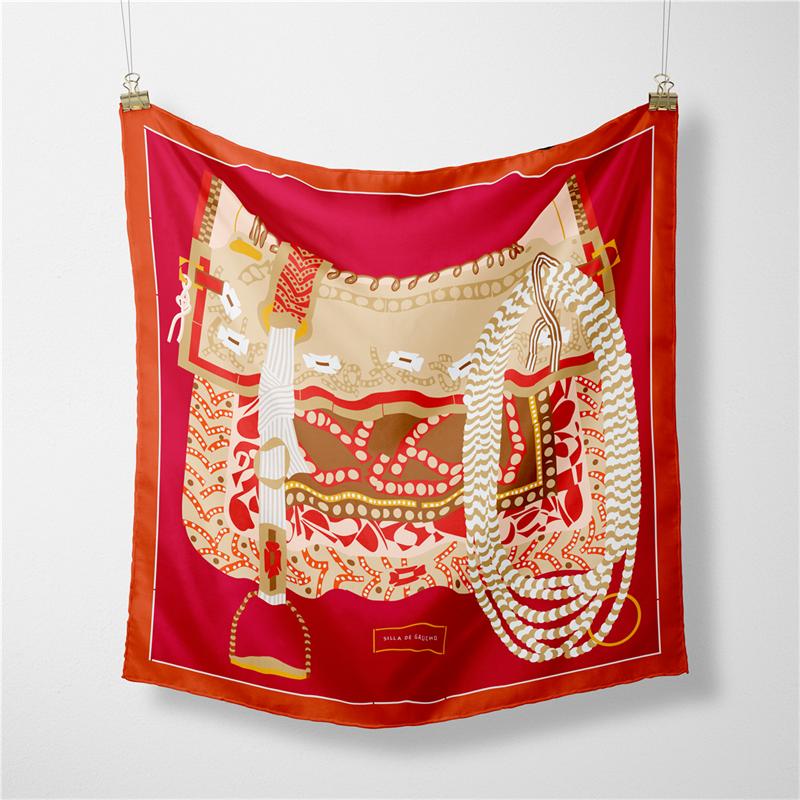Twill Silk Scarf Woman Saddle Print Square Scarves Wraps Bandana Small Hijab Silk Foulards Tie Headband Neckerchief 53CM