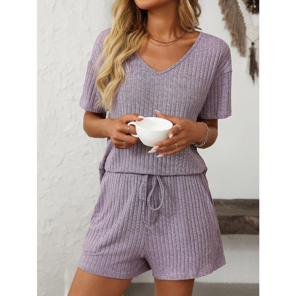Sommer Neu Einfarbig Rippenstreifen Pyjama Kurzarm Hausanzug Set