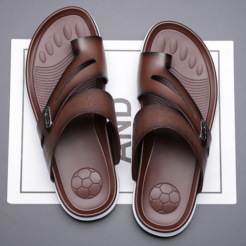Men Flats Slippers Summer Brown Wide Head Roman Sandals Retro Flip Flops Black Leather Beach Shoes Plus Size