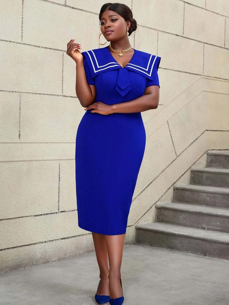 

AOMEI Blue Casual Dresses for Women Short Sleeve Patchwork Slim Fit Midi Office Wear Plus Size Dress 1XL синий
