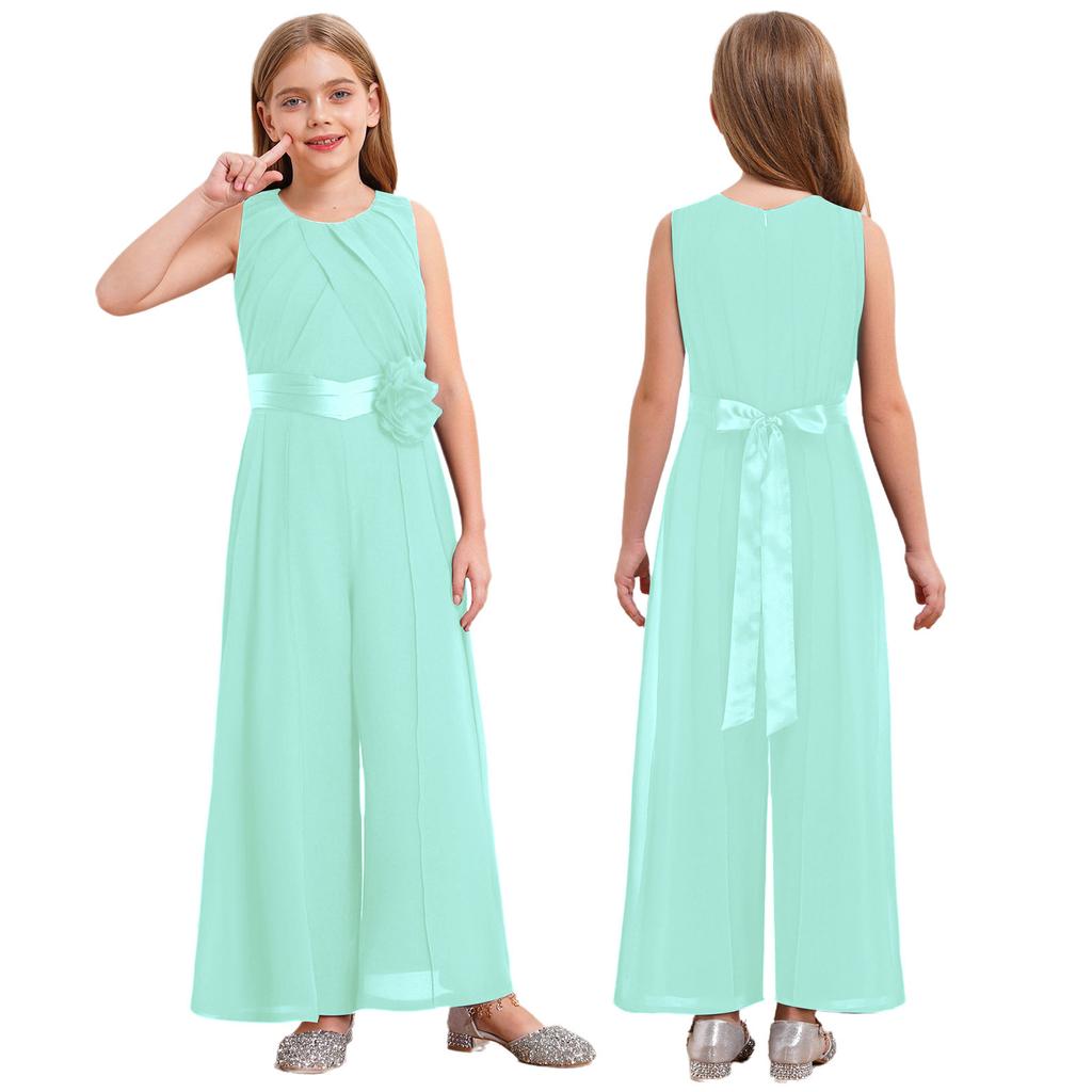 Completo per Feste e Celebrazioni per Bambine: Tuta in Chiffon con Volant e Fiore Amovibile, Vita Alta con Cintura per Eventi
