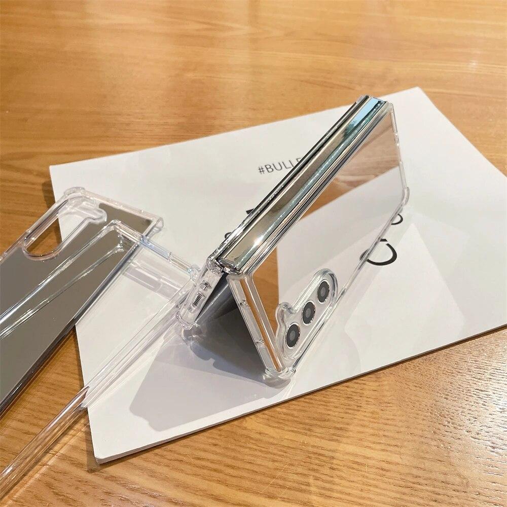 Lüks 2IN1 makyaj aynası telefon kılıfı için Samsung Z Fold 3 ZFold 4 Fold 5 Sert Akrilik Tpu Silikon Darbeye Dayanıklı Koruma Kapağı