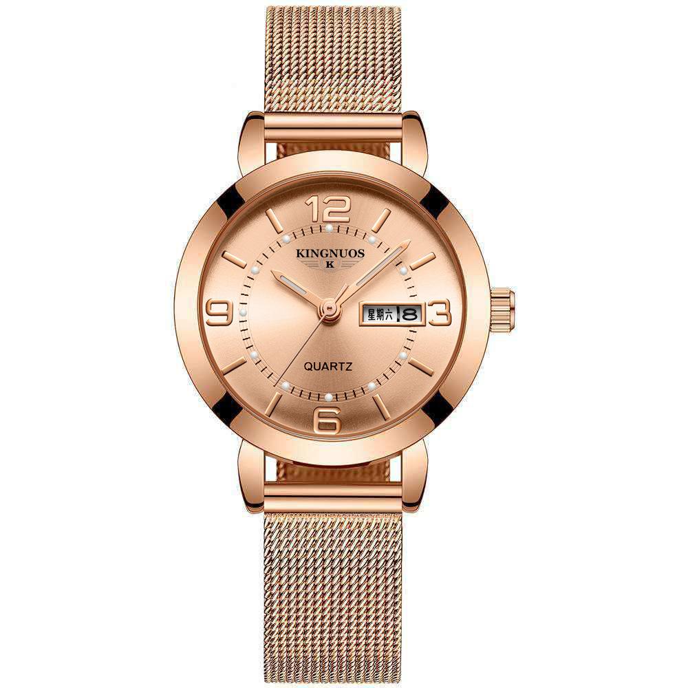 KINGNUOS Quarzuhr Nicht-mechanische Damenuhr Leuchtende wasserdichte Doppelkalender-weibliche Stahlband-Armbanduhr