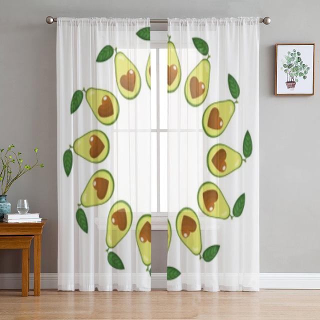 Avocado Green Cute Fruits Cartoon Tulle Curtains For Living Room Bedroom Decor Transparent Chiffon Sheer Voile Window Curtain
