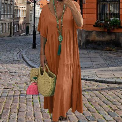 Women Summer Cotton Linen Maxi Dress Flowy Dress Casual Tiered Short Sleeve V-Neck Beach Swing