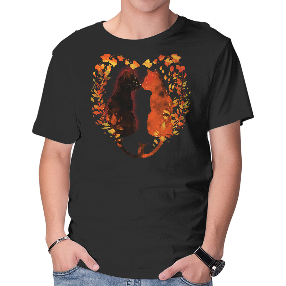 Unisex Crew Neck T-Shirt Cats In Fall Graphic Short Sleeve Casual Tee S