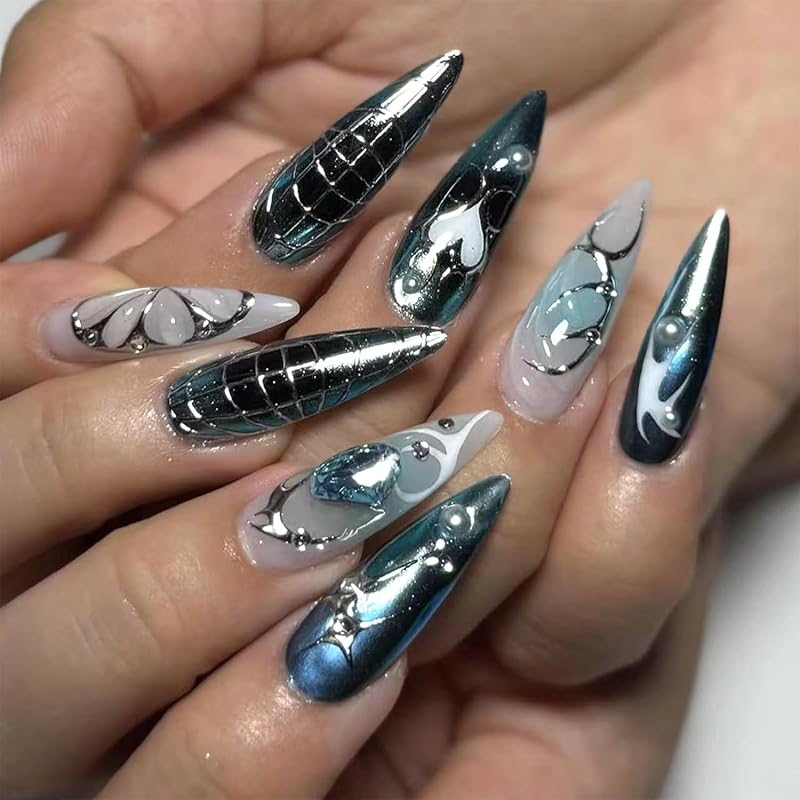 Black Yellow French Tip Press on Nails with Flower Design Long Almond Natural Glue on Nail Glossy Acrylic False Nails Reusable Artificial Stick on