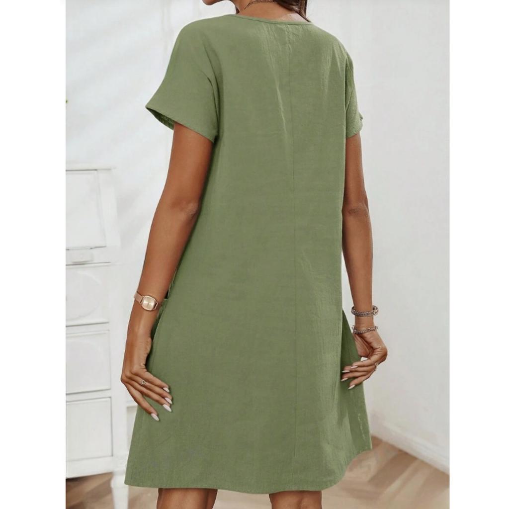 Ladies' Summer Casual Dress with Zipper Half Placket, Button Decoration, and Double Pocket Loose Fit, Cute Summer Jumpsuit