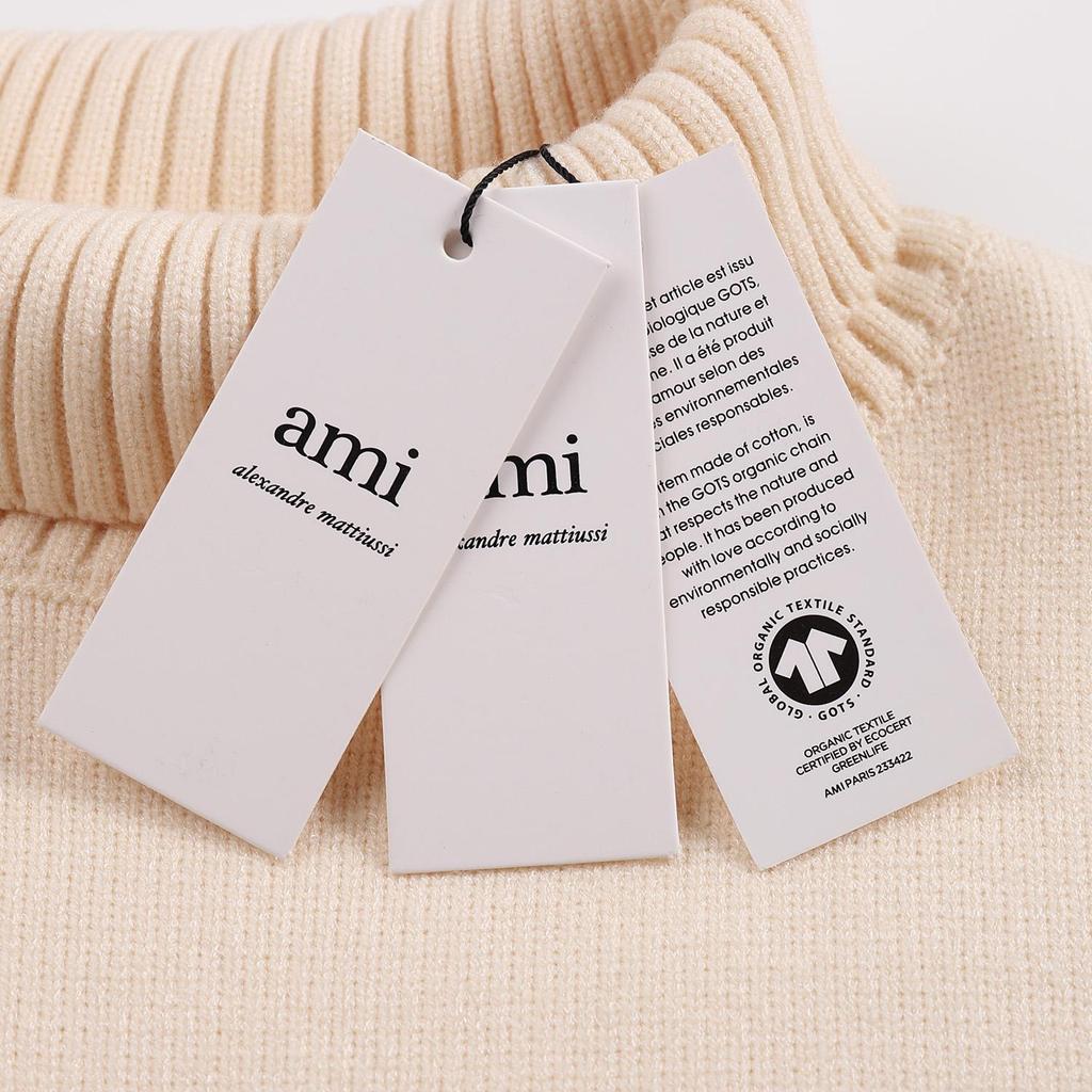 AMI 2025 Classic Couple's High Neck Same Color Flat Embroidered Small Heart Woolen Sweater