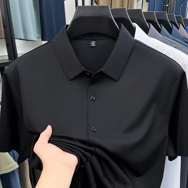 Pánská letní bezešvá košile s krátkým rukávem z ledového hedvábí - Prodyšná, jednobarevná, Business Casual, s krátkým rukávem.