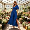 Women's Summer V Neck Maxi Dress, Short Sleeve Flowy A-line Slit Long Dress, Formal Wedding Guest Evening Dress