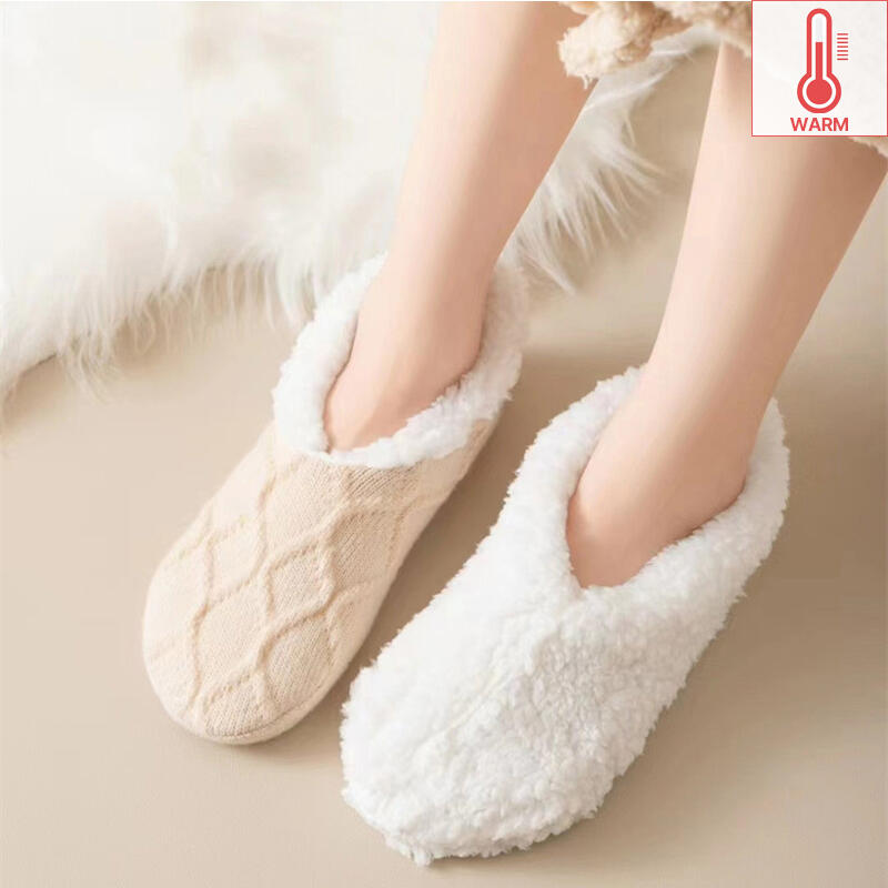 Ribbon wrap fur lining knit winter fluffy home slippers ivory 2390₽