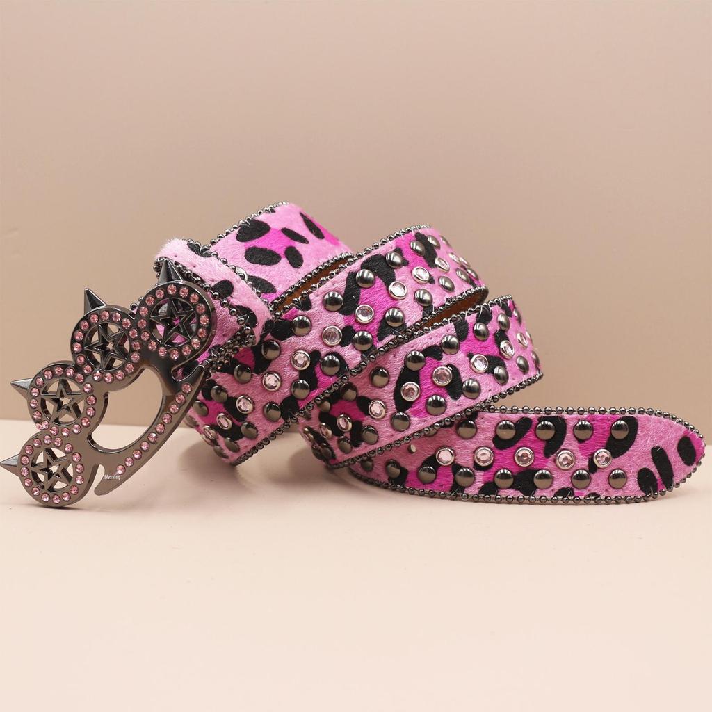 Leopard Print Rhinestone Knuckle Duster Punk Belt - Y2K European & American Style Women's Decorative Accessory