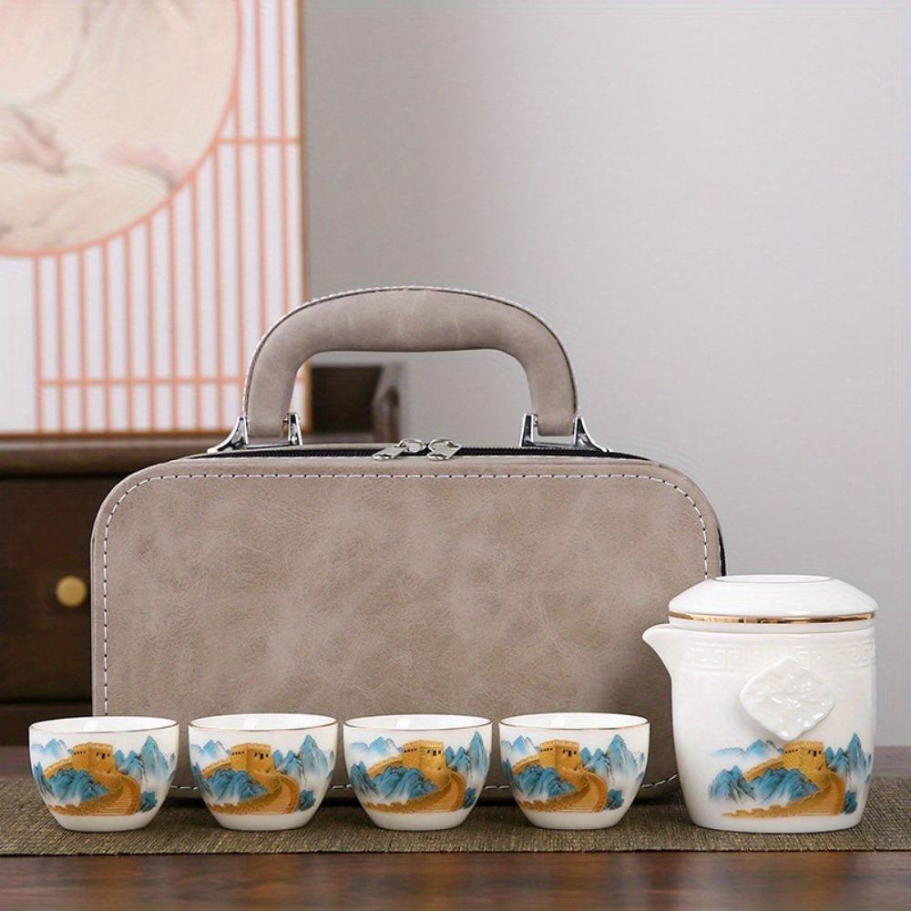 Skopový tuk Jade Bílý porcelán Cestovní čajová souprava Kung Fu Hrnec se čtyřmi šálky Sada přenosných sáčků Venkovní keramický čaj Rychlý šálek