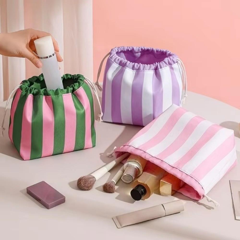 Large Capacity Drawstring Cosmetic Bag Portable Striped Cosmetic Organizer  Women