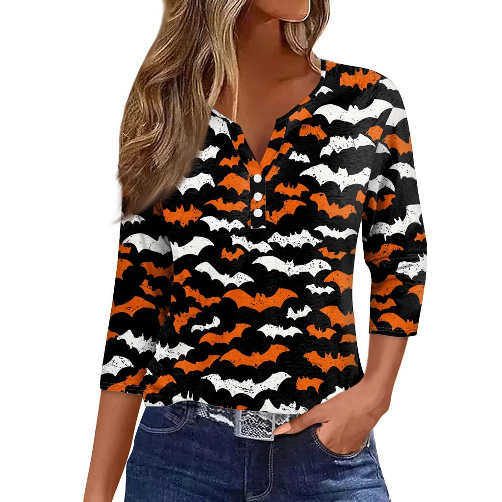 Damen V-Ausschnitt Knopf Halloween Dreiviertelarm T-Shirt Top