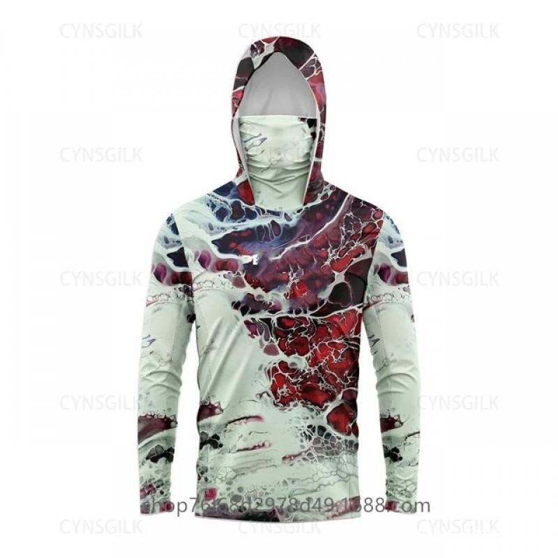 Mens Quick-Dry Ice Silk Long Sleeve Fishing Shirt With Hood Integrated Face Cover UV Protection Outdoor Sunproof Apparel