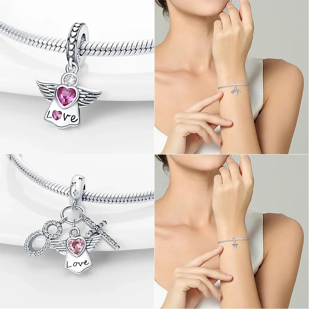 Copper Original Pink-Winged Angel Cross Green Garland Girl Pendant Charm Beads Fit Bracelet Women Diy Fine Gift Accessory