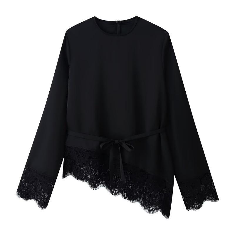 

2026 Spring European & American Style Versatile Lace Patchwork Satin Top Large чорний