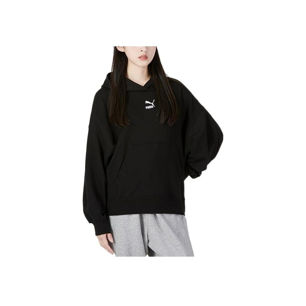 Puma Logo Print Hooded Pullover Sweatshirt Women Tops Black 673576-01