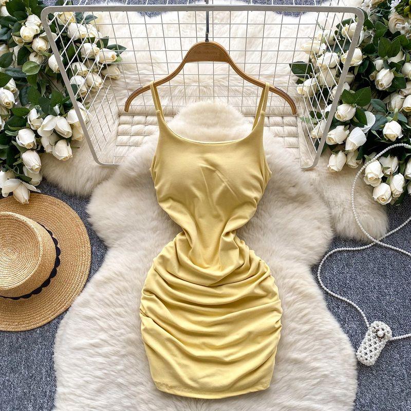 

Pure Desire Style Dress Women 2025 Summer Scheming Pleat Waist Hugging Slim fit Sling Sheath Short dress Sexy Base Skirt Yellow All yards