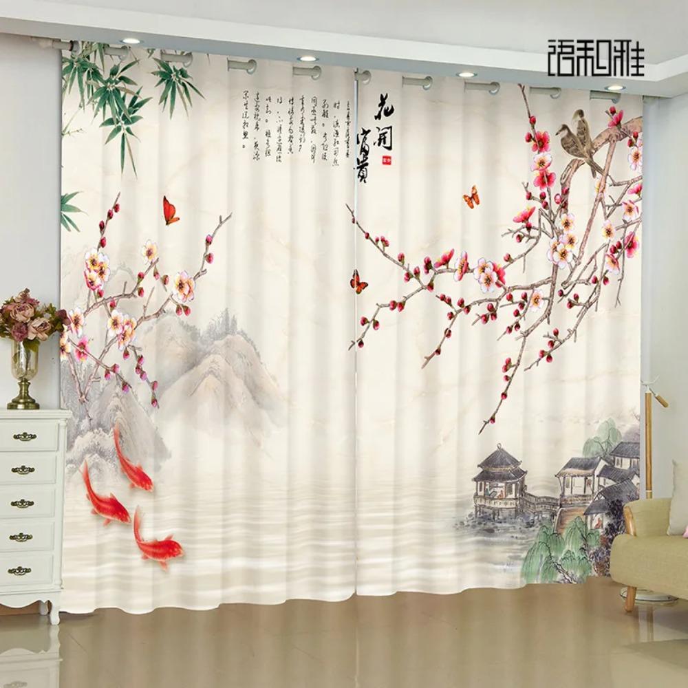Custom Chinese Style Curtain Peony Flower Bird Print Classical Living Room Bedroom Space Study Room Full-height Window Opening