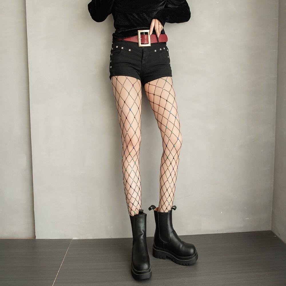 Large Mesh Rhinestone Star Pantyhose Y2K See-through Tights Colorful Fishnet Stockings  Dance