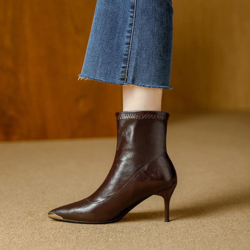 Pointed high-heeled short boots for women s autumn and winter new temperament versatile thin-heeled metal-headed thin boots bare boots 40