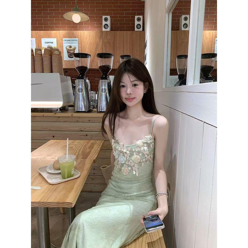 

Kumikumi Holiday Style Three-Dimensional Flower Sling Dress Women Summer Chic Age-Reducing Waist Hugging Fishtail Skirt Long dress Mint Green L