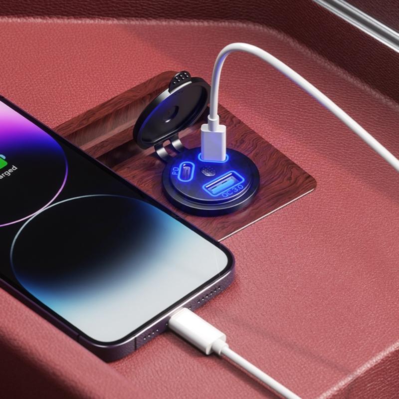 Double PD45W Fast Charging Car Charger Socket with LED Light Waterproof USB QC3.0 Charger Adapter for 12V/24V Car Boat