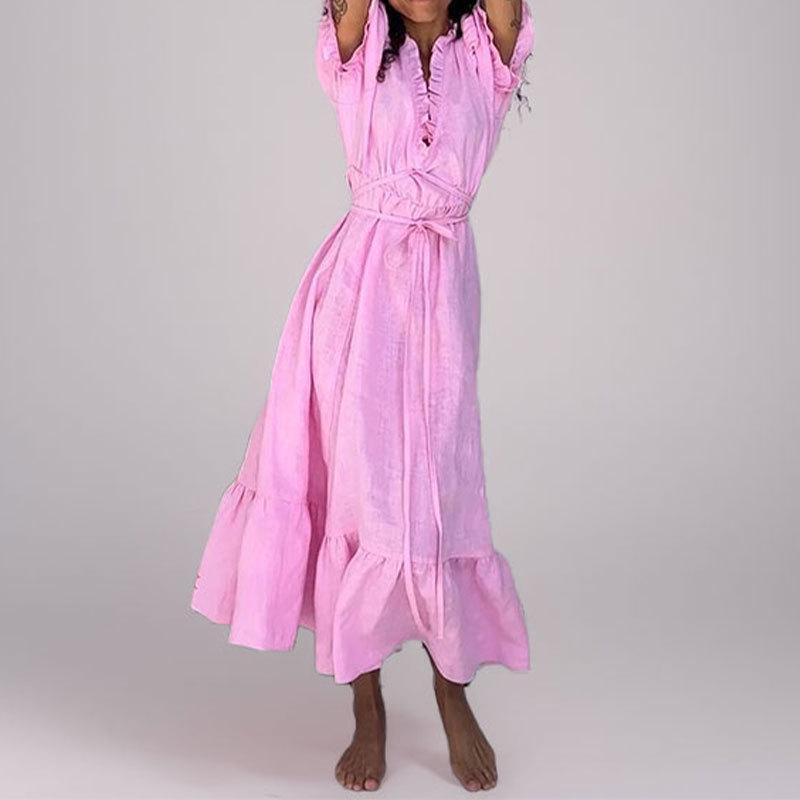 

Элегантное платье с V-образным вырезом, рукавами-буфами, французскими оборками и завязками 2XL розовый