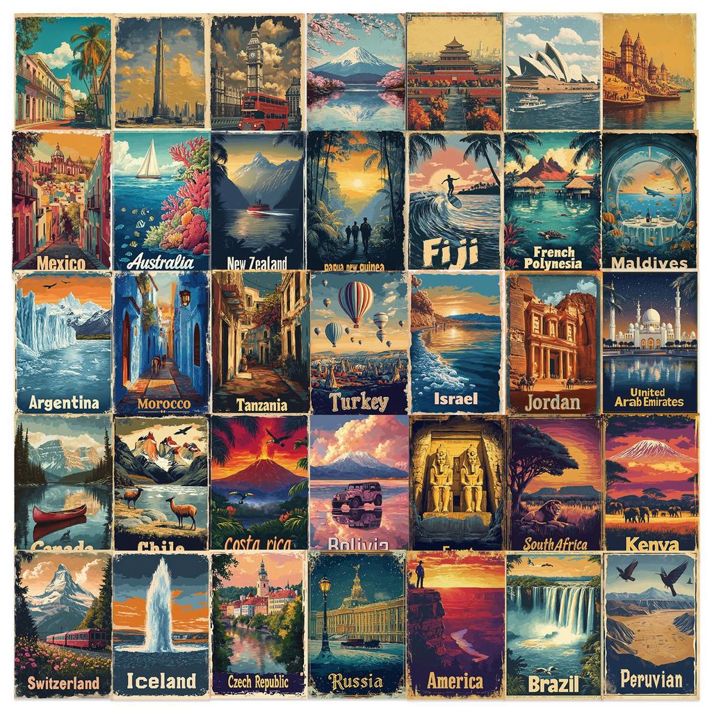50 Cartoon Retro Travel Poster Graffiti Sticker Decoration Ipad Suitcase Notebook Diy Waterproof