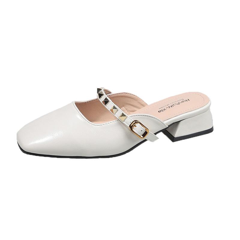 

2025 summer new bag head thick heel half drag sandals female casual fashion fairy wind outside wear rivet Internet celebrity women s shoes 35