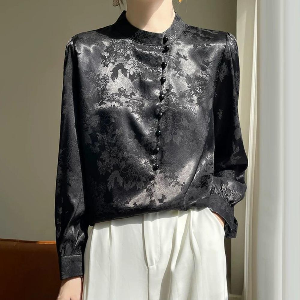 Light National Wind Snow Spun Shirt for Women In the Workplace Spring Long Sleeve Stand Up Collar Shirt Chinese Printed Commuter