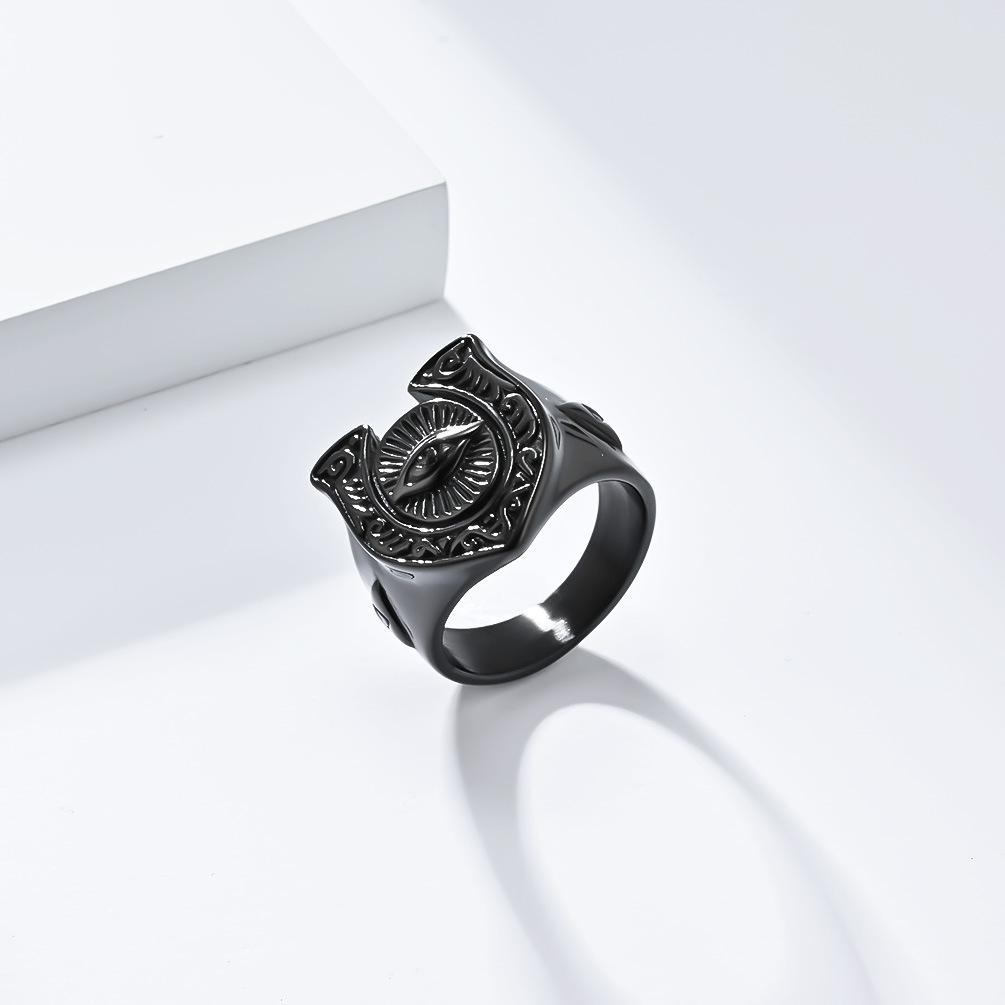 New European and American Retro Style Horseshoe Eyes Titanium Steel Ring Ring Personalized Totem Hand Jewelry