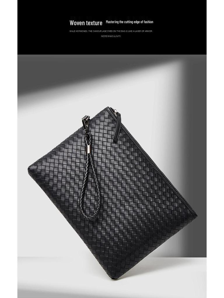 Men's Woven Leather Clutch Wallet - Large Capacity Soft Handbag & Phone Holder