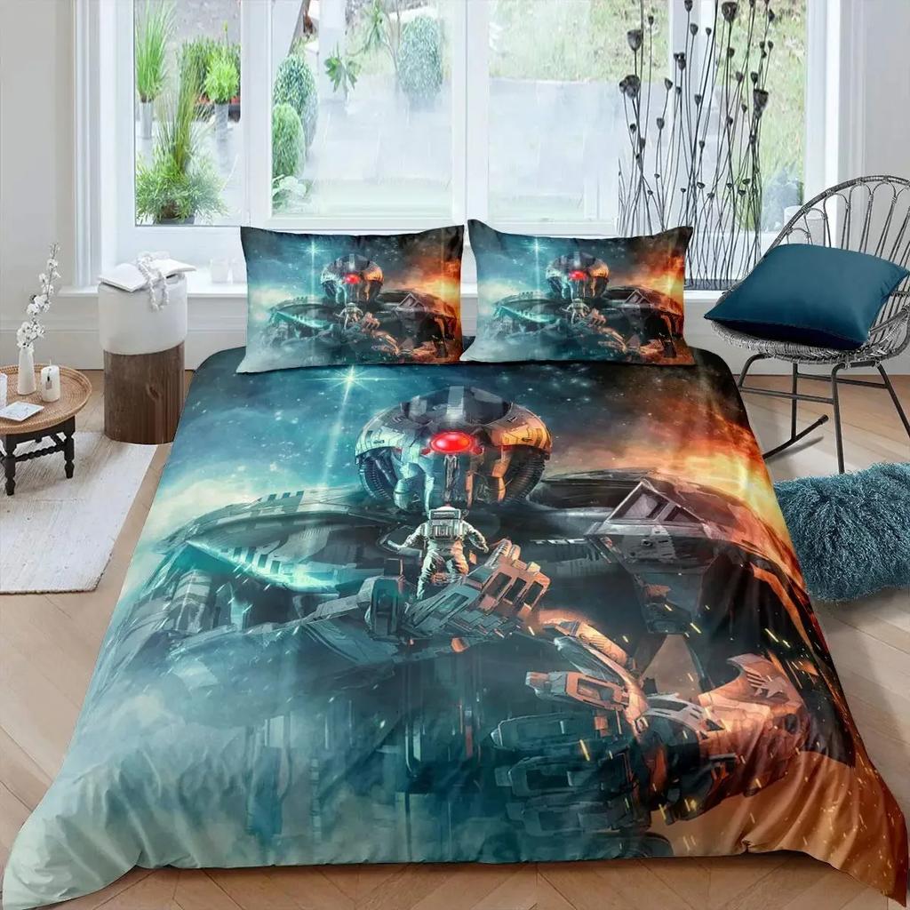 Robot Duvet Cover Set Boys Girls Watercolor Robot Quilt Cover Modern Cartoon Super Robot Pattern Bedding Set Comforter Cover Set